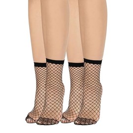 looksy 2 pairs Womens Natural Fishnet Socks Ankle Short Stockings Wide Diamonds Free-Size Elena, Nero