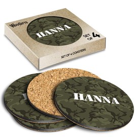 4 x Boxed Round Coasters - Name Hanna Camouflage Army Military Letter Lettering Initial Cork Backed MDF Glossy Tea Coffee Accessory #271362