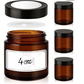 4 oz Glass Jars with Lids, 4 Pack Amber Small Glass Jars with Black Lids Leakproof Airtight Empty Cosmetic Travel Containers with Inner Liners For Lotions Body Scrub, Candle Making