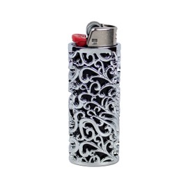 HUMWE Funda para encendedor de metal clásico con diseño de patrón hueco para encendedor BIC tamaño completo tipo J6 (plata)