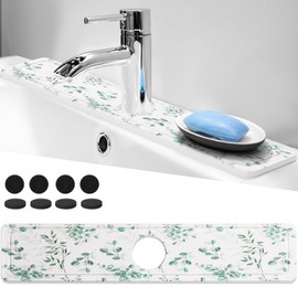Glooglitter Fast Drying Stone Faucet Mat for Kitchen Sink 23.6'' Long Diatomite Sink Drying Sink Water Splash Guard Diatomite Tray Faucet Absorbent Mat for Bathroom Counter(Eucalyptus Style)
