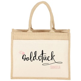 AMBERGER DESIGN by A&M Osterhage amd Jute Tasche Groß Motiv: Goldstück | Name personalisiert Damen-Tasche Jute-Beutel groß Nachhaltig | Einkaufstasche hochwertig Größe 42x33x19cm