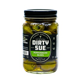 Dirty Sue Pepperoncini Stuffed Green Olives - 16oz Mason Jar | Perfectly Stuffed with Premium Pepperoncini | Imported From The Finest Olive Regions | Perfect For Any Party or Charcutier Board