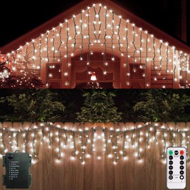 Battery Icicle Christmas Lights 102 LED White Icicle Fairy Lights Timer Green Wire 10Ft Outdoor Christmas icicle String Lights with 18 Drops Waterproof Dimmable Decor for Porch Party Roof Eave