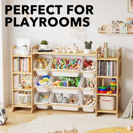 SpaceAid Large Toy Storage Organizer 9 Shelves 9 Bins, Toy Organizers Storage Bookshelf, Kids Bin Shelf Toys Box Bookcase for Bedroom Playroom Organization Room Decor, White