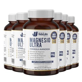 Paquete de 6 Frascos Magnesio Ultra VidaLabs 60 Capsulas por Frasco Contiene 5 Tipos de Magnesio de Amplio Espectro Calidad Premium + Vitamina B6.