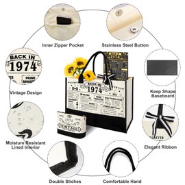50th Birthday Gifts for Women Canvas Tote Bag Travel Gear, Unique 50 Years Old Gifts for Wife/Sister/Mom/Aunt/Friends/Her Turning 50, Vintage 1974 Beach Bag & Cosmetic Bag & Back in 1974 Poster