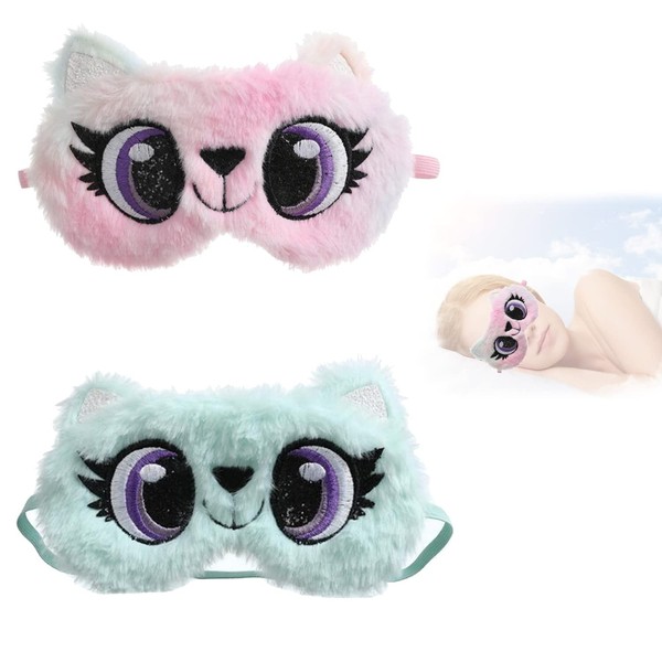 WUBAYI Pack of 2 Sleeping Mask for Travel Sleeping Mask with Cartoon Soft Eye Mask for Adults Children Fluffy Sleep Protection 3D Cute Blindfold Sleeping Mask for Travel Nap