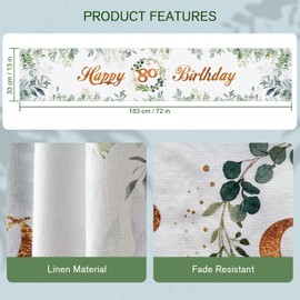 BEKOIUP Happy 80th Birthday Table Runners Green, 80th Birthday Table Runner Eucalyptus Leaves ,Table Cloth Linen Decoration for Home Holiday Party Decor Dining Table Decoration 13x72 Inch