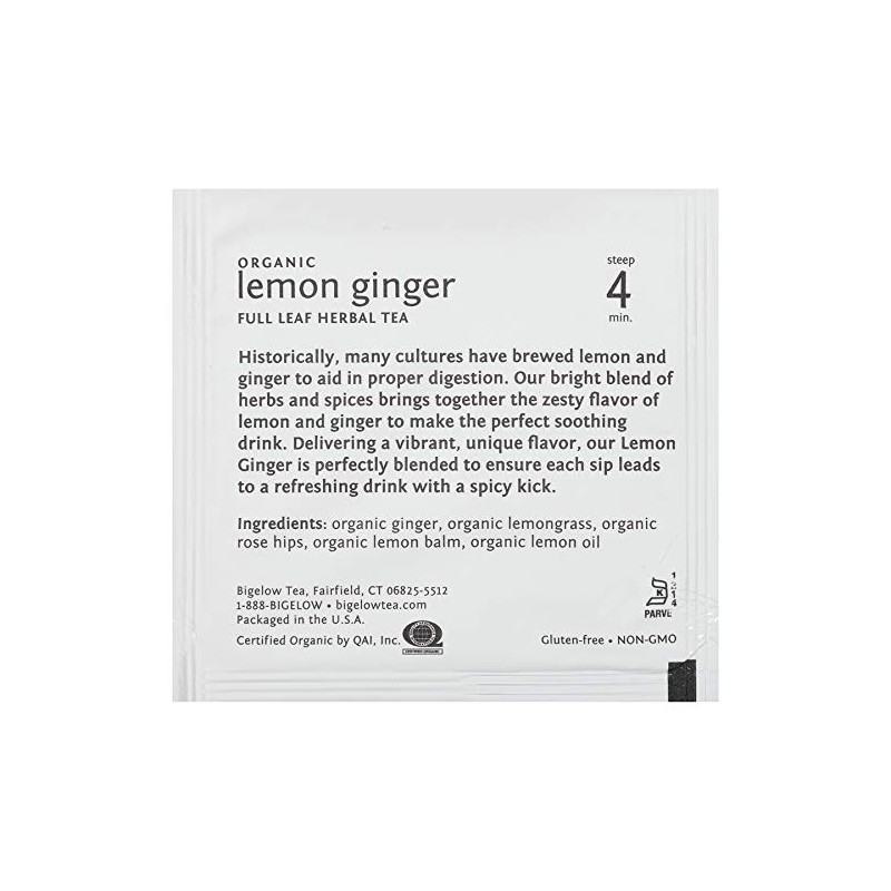 Bigelow Steep Cafe Organic Herbal Tea, Lemon Ginger, 50 Bags/carton