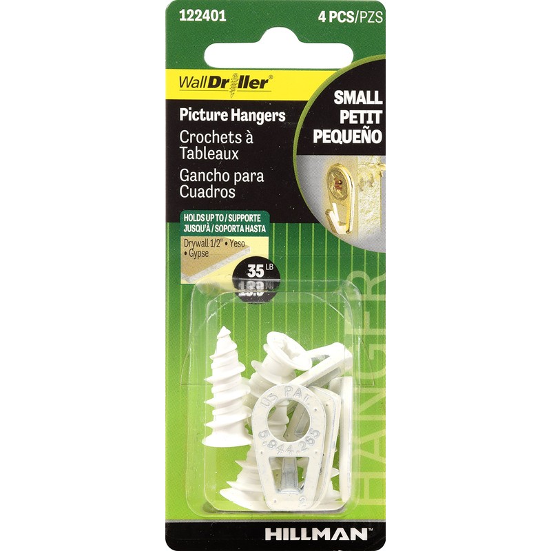 Hillman 122401 Small Self-Drilling White Wall Driller Picture Hangers 35lbs