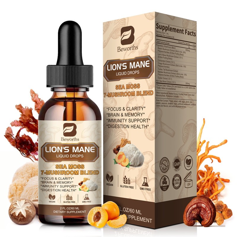 Lions Mane Mushroom Liquid Drops 7 Mushroom Complex for Cognitive