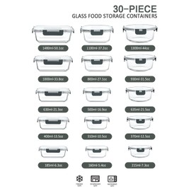 M MCIRCO 30 Pieces Glass Food Storage Containers with Snap Locking Lids,Glass Meal Prep Containers Set - Airtight Lunch Containers, Microwave, Oven, Freezer and Dishwasher