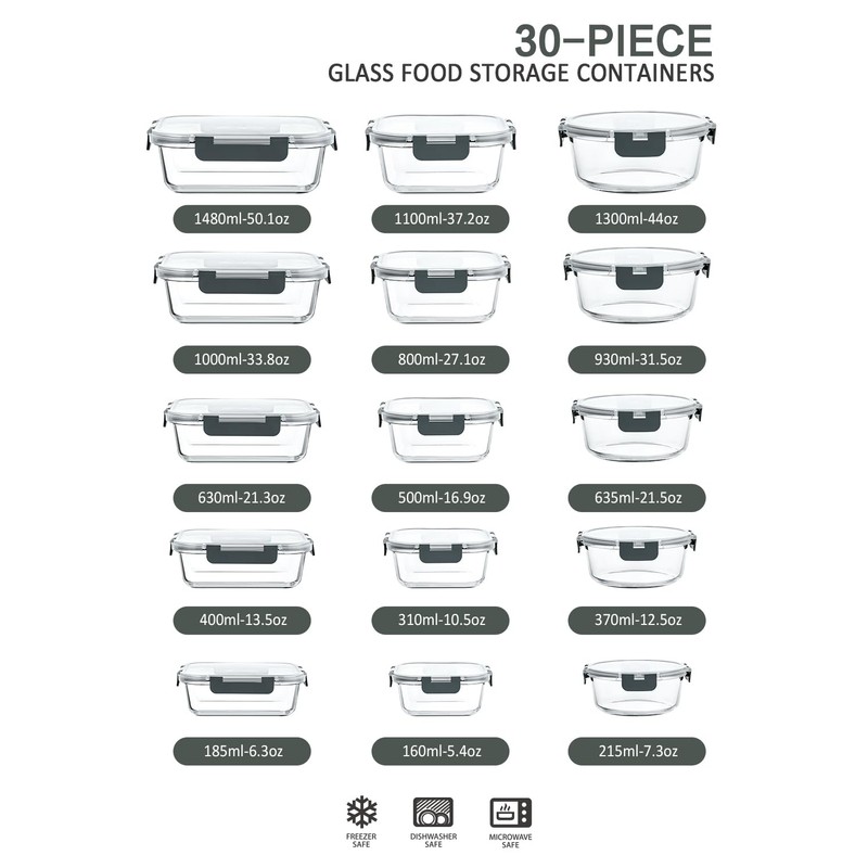 M MCIRCO 30 Pieces Glass Food Storage Containers with Snap