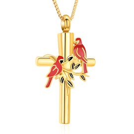 XSMZB Cross Cremation Jewelry for Ashes Funeral Memorial Pendant Hold Ashes Red Cardinal Cross Urn Necklace for Human Pet(Gold)