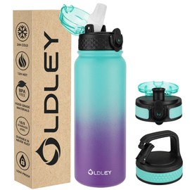 Oldley Insulated Water Bottle 20oz Water Bottles with Straw, Stainless Steel Water Bottle with 3 Lids, Double Wall Vacuum Bottels for Adult Kids,Leak-Proof Sport Bottles for School Travel,Green Purple