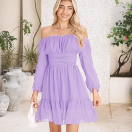 PUKAVT Women's Summer Dresses 2025 Square Neck Tie Back 3/4 Lantern Sleeve Vintage Chiffon Short Dress Lavender XXL
