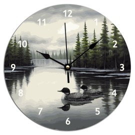 ArogGeld Loon Rustic Bedroom Clock Lake Time Duck Wooden Decorative Wall Clock Silent Non-Ticking Battery Wood Wall Clocks for Dinning Living Room 15x15in Birthday Housewarming Gift to Friend