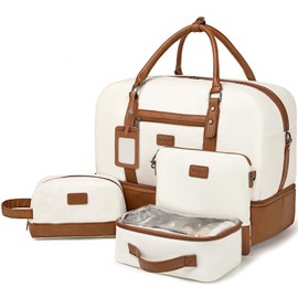 Wogarl 4PCS Weekender Bags for Women Large Overnight Bag Weekend Travel Duffel Bag Carry on Shoulder with Shoe Compartment Canvas Toiletry Bag for Travel Business Gym,Beige