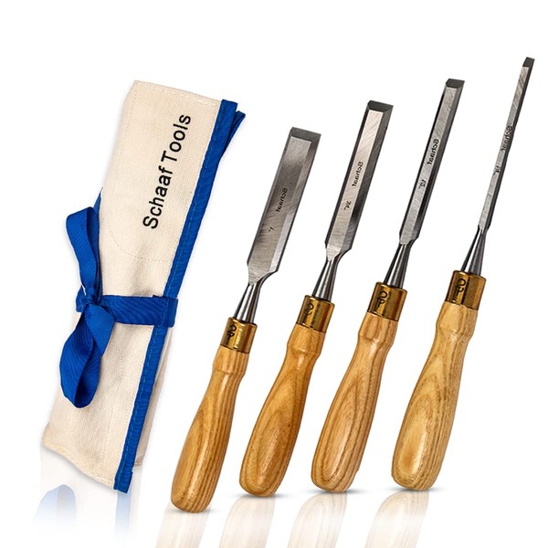 Schaaf Tools 4-Piece Wood Chisel Set | Finely Crafted Wood Chisels for Woodworking | Durable Cr-V Steel Bevel Edged Blade, Tempered to 60HRc | Tool Roll Included
