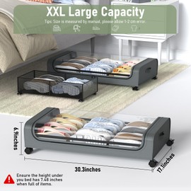 AUING Under Bed Storage with Wheels, 2Pack Under Bed Storage Containers, Foldable Under Bed Rolling Storage with 30.3" x 17.1" x 6.9", Under Bed Organizer Shoe Storage for Clothes Blanket Book(Grey)