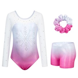 JiAmy Leotards for Girls Gymnastics, Long Sleeve Sparkly Dance Biketards with Shorts Ballet Tumbling Outfit for 9-10 Years Pink Mesh