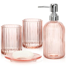 Bathroom Accessories Set, 4Pcs Clear Glass Bathroom Accessory Sets Complete Includes Soap Dispenser, Toothbrush Holder, Mouthwash Cup, Soap Dish for Bath Decor, Countertop Vanity Organize (Pink)