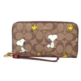 GOYA Women's Leather Long Wallet, Snoopy Print, Signature, Peanuts, Collaboration, Snoopy Woodstock Print, Wristlet, Long Zip Around, CE705