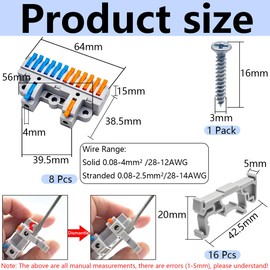 CESFONJER 2-in-12-out Terminal Block Kit (8 Sets), High Density Lever Wire Connectors, Dual Input to Twelve Output, DIN Rail & Screw Fix, for 28-12AWG Wire