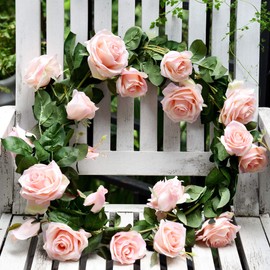 FiveSeasonStuff 2 Pcs Bendable Flower Garland Artificial Silk Rose Vine Leaves (3.5 metres) Hanging Face Flowers for Wall Decoration, Wedding, Bridal, Wreaths (Champagne Pink)