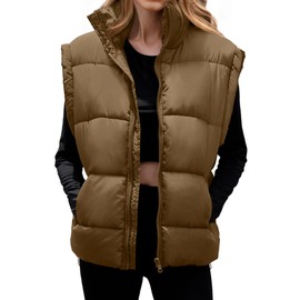 Polu Womens Puffer Vests Oversized Outerwear Vests Stand Collar Sleeveless Padded Down Jackets with Pockets(Brown,M)
