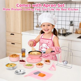 Gotoofun Kids Cooking Set Real for Beginners, 28PCS Mini Kitchen Starter Set with Safe Knife, Easy Cooking Toys for Boys Girls Ages 8-12, Pink