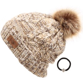 ANGELA & WILLIAM Women's Winter Fleece Lined Cable Knitted Pom Pom Beanie Hat with Hair Tie. (Multi Khaki)