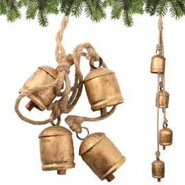Christmas Bells - 4 Vintage Cluster Cow Bells on Rope, Hanging Decorative for Wall, Bedroom, Living Room, Door, Harmony Handmade Rustic Bell (Gold)
