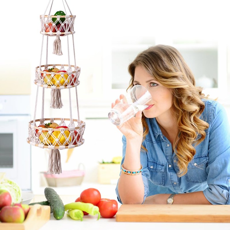 YANGUN 3-Tier Fruit Basket Hanging, Hanging Fruit Basket Boho Fruit