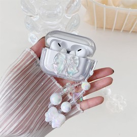 Guyode Headphones Case Transparent 3D Crystal Bows Design Transparent Soft with Cute Key Fob, Shock-Absorbing Earphone Case for AirPods 4