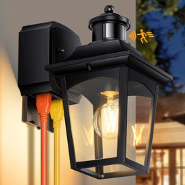 Slypadan Porch Lights with GFCI Outlet, Motion Sensor Outdoor Lights, Dusk to Dawn Exterior Light Fixture, 3 Lighting Modes Waterproof Aluminum Black Outside Wall Sconce for House, Front Door, Garage
