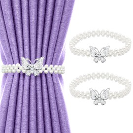 Pack of 2 Curtain Holders, Butterfly Curtain Clips, Pearl Buckles Curtains Tiebacks, Suitable for Home, Hotel, Office, No Installation and No Drilling (Silver)
