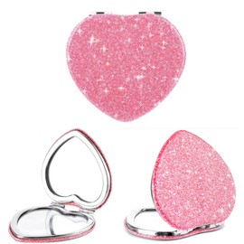 mpowtech Cute Heart Shaped Compact Mirror for Women,Magnifying Travel Mirror with Glitter,Pink Small Pocket Mirror,Portable 2 x 1x Magnification Folding Makeup Mirror,Cosmetic Mirror for Gift
