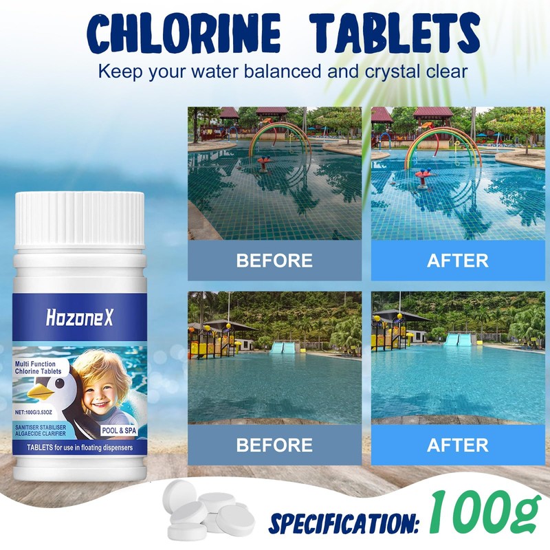 100PCS Chlorine Tablets for Swimming Pool and Spas, Multifunctional Clearwater