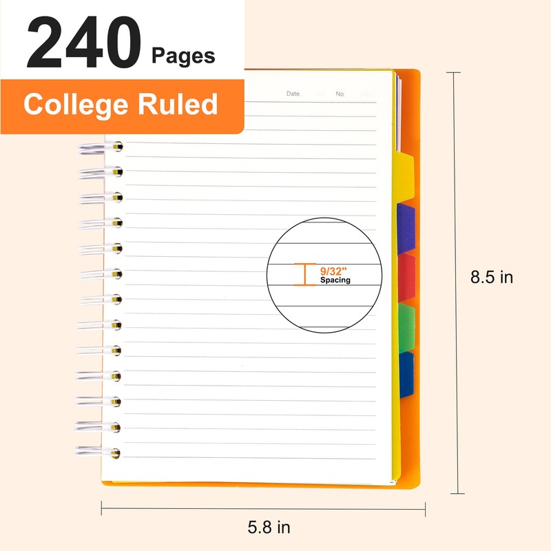 Yoment 5 Subject Notebook College Ruled Spiral Notebook 5x7 with