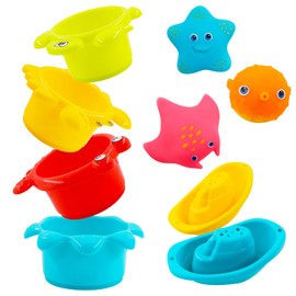 PHYLES Bath Toy, 9 Pieces Colourful Bath Toy, Baby Water Toy with Bath Boat and Stacking Cup, Suitable for Children Bath Toy from 6 Months