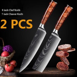 Kitchen Knife Set Japanese Damascus Pattern Stainless Steel 2 Pcs Chef Knives - Red