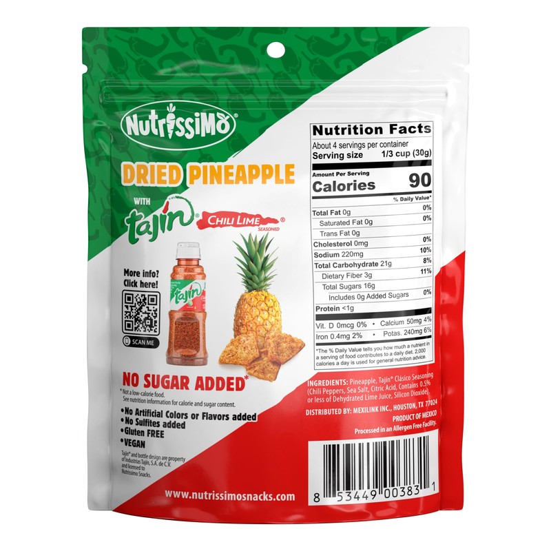 Nutrissimo Dried Pineapple with Tajin, Gluten-free Dried Fruit Snacks, 4oz