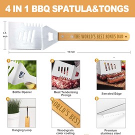 Fathers Day Bonus Dad Gifts from Daughter Heavy Duty Wooden BBQ Grilling Accessories Kit for Backyard, Thick Stainless Steel Grill Utensils with Non-Slip Handle Tools in Portable Bag Birthday