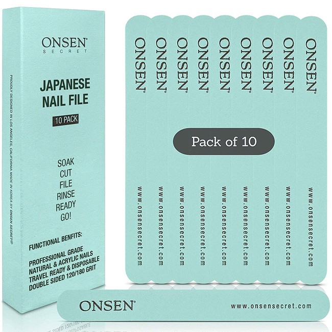 Onsen Japanese Nail File - Professional 10-Pack Nail Files, Double Sided Natural and Acrylic Nail Filers - 120/180 Grit - Disposable, Salon Smooth, Travel Best Nail File For Shiny Nails