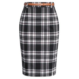 Kate Kasin Women's Plaid Pencil Skirt Knee Length Stretchy Business Skirt with Slit Office Wear Black