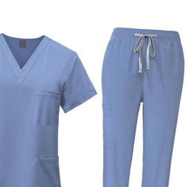 YIJU Female Scrub Set Nurse Workwear V Neckline Professional Machine Washable Top and Joggers Pant Work Clothing for Beauty Center, Light Blue, XL