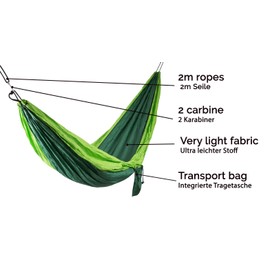 ZOLLNER Hammock 275 x 140 cm - Ultralight for up to Two People - Breathable and Quick-Drying - with Integrated Carry Bag - Ultra Light Fabric - Extremely Durable - in Green