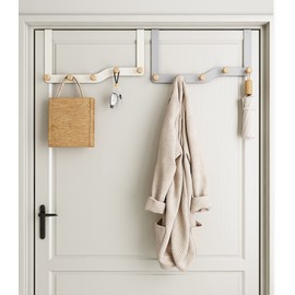 LAKNUY Over The Door Hooks Door Hanger Hook for Clothes with 5 Wooden Door Hooks，Over Door Coat Hanger Hanging Coats Towel Hanger Coat Rack for Towels, Clothes, Back of Bathroom Bedroom（White）